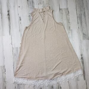 Polagram Oatmeal High Neck Lace-Up Sleeveless Lace Trim Dress Women's Size large